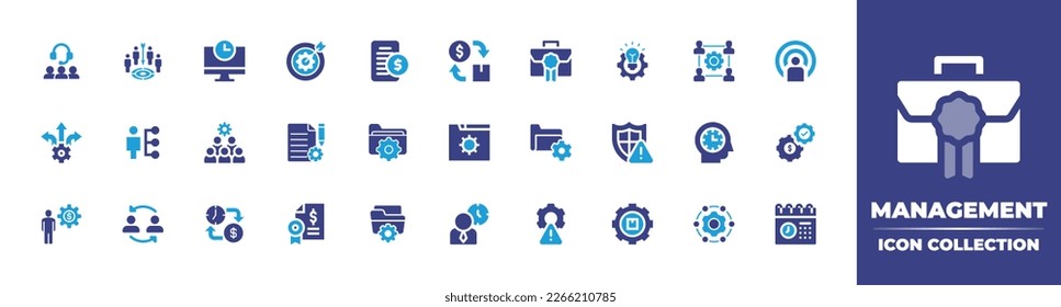 Management icon collection. Duotone color. Vector illustration. Containing customer agent, teamwork, time, target, finance, cash flow, career, innovation, team management, boss, decision making.