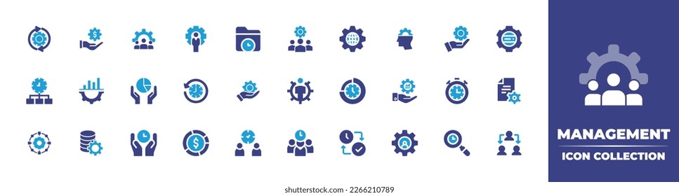 Management icon collection. Duotone color. Vector illustration. Containing project management, money management, management, manager, time, data, content.