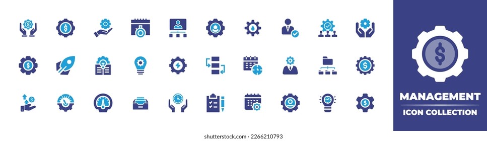 Management icon collection. Duotone color. Vector illustration. Containing benefit, management, settings, chronometer, administrator, project manager, drop, manager, human resources, corporate.