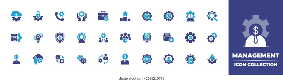 Sammlung von Verwaltungssymbolen. Duotonfarbe. Vektorgrafik. Enthält Cloud-Hochladen, Sicherheit, Anruf, Projektmanagement, Ranking, Risikomanagement, Ausrüstung, Business-Profi, Suche.