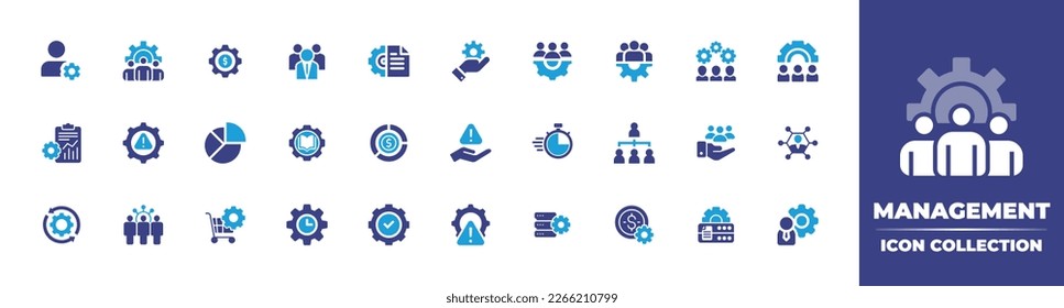 Management icon collection. Duotone color. Vector illustration. Containing profile, management, setting, team, project, team management, human resources, gear, project, risk.