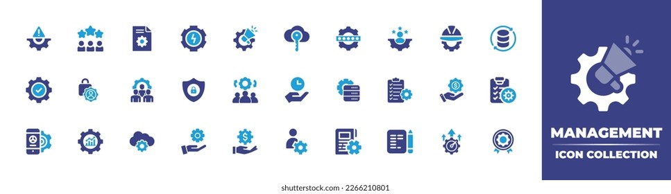 Management icon collection. Duotone color. Vector illustration. Containing risk management, team, project management, energy, management, key, password manager, expert, engineering, return, settings.