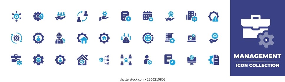 Colección de iconos de administración. Color de duotona. Ilustración vectorial. Consta de tercerización, equipo, atención al cliente, cambio, servicio técnico, plan de proyecto, horario, servicio de calidad, construcción.