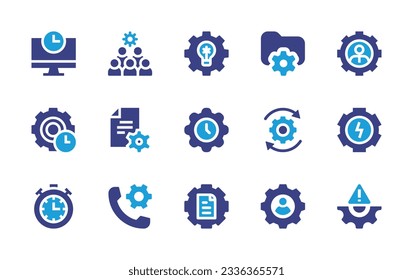 Management icon collection. Duotone color. Vector illustration. Containing time, team, idea, data management, manager, time management, content management, new, energy, call, user profile, risk.