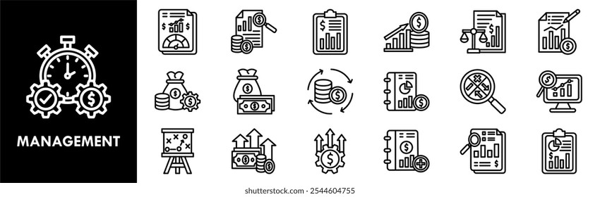 Management icon collection set. Containing design business, technology, strategy, project, office, work, planning