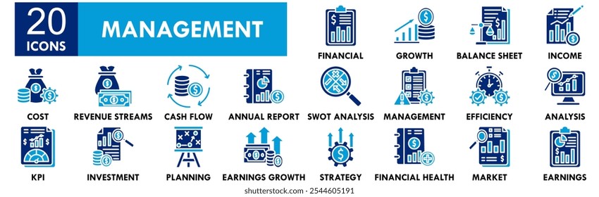 Management-Symbolsammlung. Mit Design-Business, Technologie, Strategie, Projekt, Büro, Arbeit, Planung