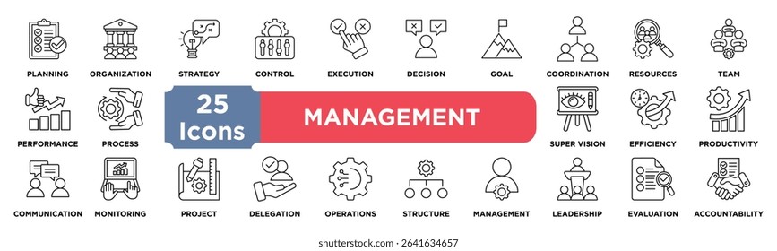 Management icon collection set. Containing planning,organization,strategy,control,execution,decision,goal,coordination,resources,team icon. Simple line vector