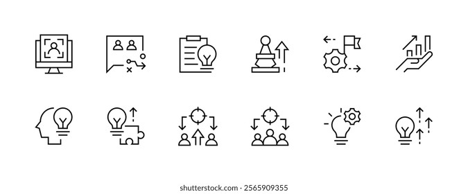 Management icon collection. Teamwork, collaboration, target, focus, communication, leadership, efficiency and more. Editable stroke. Pixel Perfect. Grid base 32px.