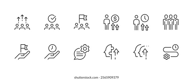 Management icon collection. Teamwork, collaboration, target, focus, communication, leadership, efficiency and more. Editable stroke. Pixel Perfect. Grid base 32px.
