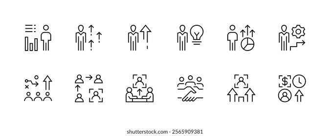 Management icon collection. Teamwork, collaboration, target, focus, communication, leadership, efficiency and more. Editable stroke. Pixel Perfect. Grid base 32px.