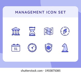 management icon icons set collection collections package court sand glass compass calendar clock chess white isolated background with outline style