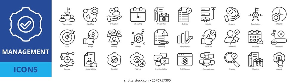 Management icon pack collection set with team leader, workflow, delegation, scheduling, project plan, task list, prioritize, resource, coordination, efficiency, goal, budget, meeting, strategy