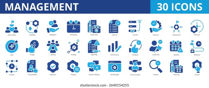 Management icon pack dual tone collection set with team leader, workflow, delegation, scheduling, project plan, task list, prioritize, resource, coordination, efficiency, goal, budget, strategy