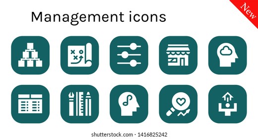 management icon set. 10 filled management icons.  Simple modern icons about  - Hierarchical structure, Strategy, Control, Market, Mind, Timetable, Web design, Analysis, Motivation