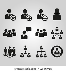 The management icon, set of 12 icons. Team and group, teamwork, people, alliance symbol. UI. Web. Logo. Sign. Flat design. App. Stock vector