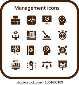 management icon set. 16 filled management icons.  Simple modern icons about  - Flow chart, Stocks, Analytics, Mind, Motivation, Web design, Control, Sale time, Tactics, Agenda