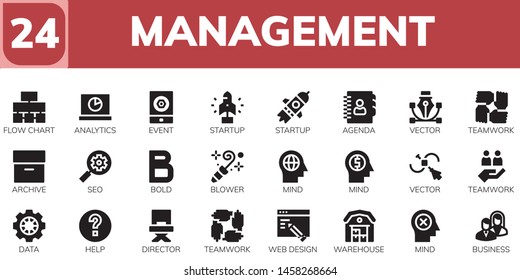 management icon set. 24 filled management icons.  Simple modern icons about  - Flow chart, Analytics, Event, Startup, Agenda, Vector, Teamwork, Archive, Seo, Bold, Blower, Mind