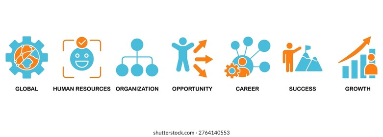Management icon set Aqua Orange Flat concept for global, human resources, organization, opportunity, career, success and growth