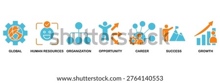 Management icon set Aqua Orange Flat concept for global, human resources, organization, opportunity, career, success and growth
