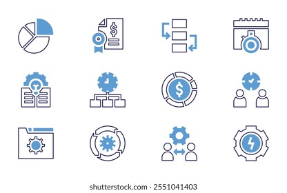 Management icon set. Bold line style. Duotone colors. Editable stroke. workflow, chronometer, money management, time management, energy, team management.