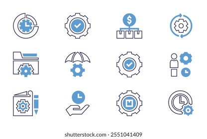 Management icon set. Bold line style. Duotone colors. Editable stroke. content management, time management, gear, settings, cost, oil industry, work in progress, management.