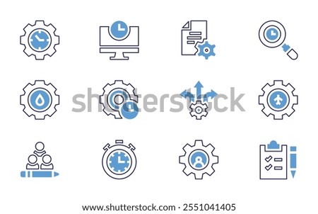Management icon set. Bold line style. Duotone colors. Editable stroke. to do list, gear, key, management, exchange, efficiency, time management, cash flow.