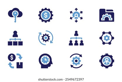 Management icon set. Bold style. Duotone colors. key, team, folder, management, outsourcing, exchange, gear, new, manager, efficiency, cash flow.