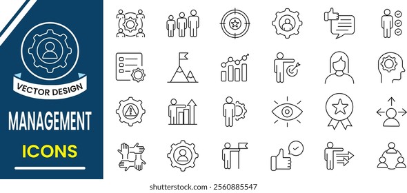 Management icon set. Business or organization, operation management line icon set,  teamwork, strategy, marketing, business, planning, training icon. Vector illustration.