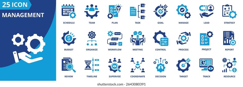 management icon set collection in dual tone style. an icon pack contain manage, plan, lead, strategy, goal, task, team, schedule, organize, project