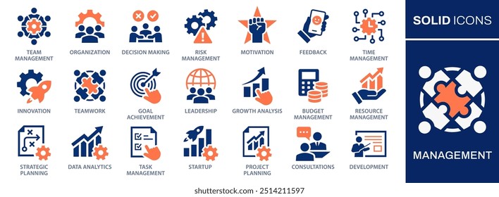 Management icon set. Collection of growth chart, teamwork, data analysis and more. Vector illustration. Easily changes to any color.