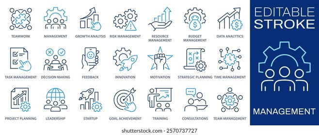Management icon set. Collection of teamwork, training, development, and more. Vector illustration. Editable stroke.
