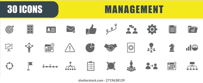 Conjunto de ícones de gerenciamento. Contendo ícones de líder, tarefa, gráfico de pizza, lista de verificação, pódio, hierarquia e engrenagem. Coleção de ícones do Solid. Ilustração vetorial.