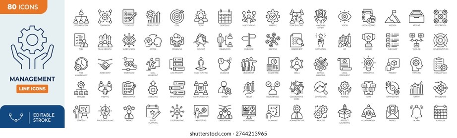 Management icon set. Containing management, teamwork, administration, strategy, leadership, business, planning, employee, and more. Outline icons collection. Editable stroke. Vector illustration