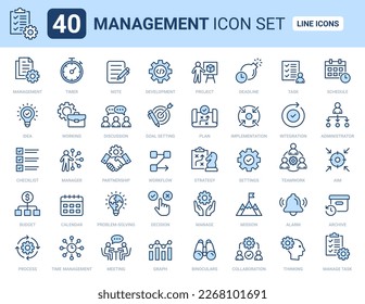 Management icon set. Containing time development, task, deadline, plan, manage, setting and process outline icons. Line icons vector collection.