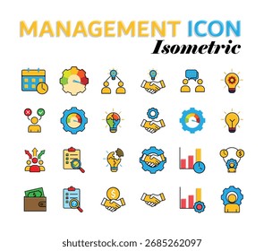 Management-Symbolsatz. Haushaltsführung, Ressourcen, Innovation, Bewertung usw. Büro, Lösungen, Analyse. Isometrischer Designstil.