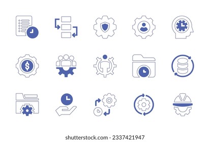 Management icon set. Duotone style line stroke and bold. Vector illustration. Containing archive, workflow, setting, user profile, efficiency, management, team, manager, time management, return, data.