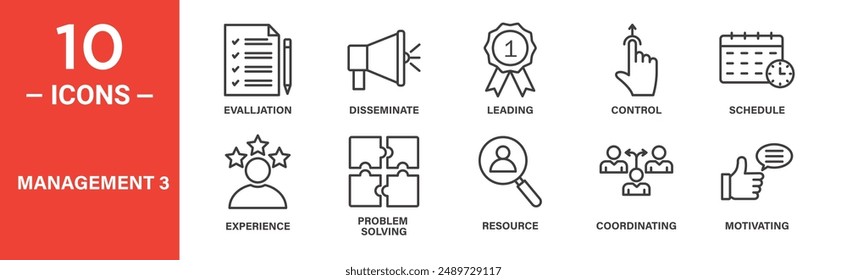 Management icon set. Evalljation, disseminate, leading, control, schedule, experience, icons. Outlined icon collection. Vector illustration.