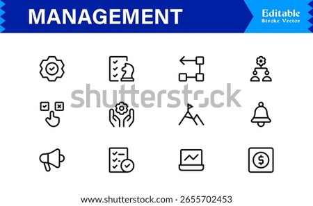 Management Icon Set Featuring Business, Leadership, and Teamwork Symbols in Vector Style