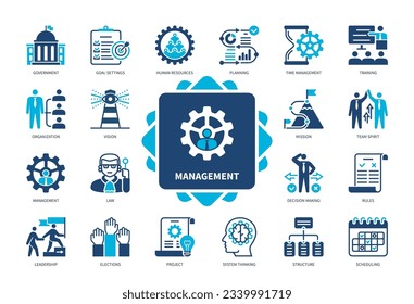 Symbol für Verwaltung gesetzt. Zieleinstellungen, Mission, Zeitmanagement, Führung, Projekt, Ausbildung, Regierung, Organisation. Duotone-Farbsymbole