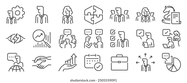 Management icon set. It includes businessman, businesswoman, business, manager, manage, and more icons. Editable Vector Stroke.