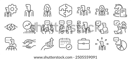 Management icon set. It includes businessman, businesswoman, business, manager, manage, and more icons. Editable Vector Stroke.