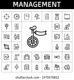 management icon set. line icon style. management related icons such as time is money, branding, employee, analytics, skills, file, startup, negotiation, fishbone, unicycle