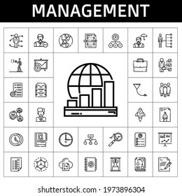 management icon set. line icon style. management related icons such as modeling, funnel, time is money, advertising, employee, analytics, skills, file, startup, tasks