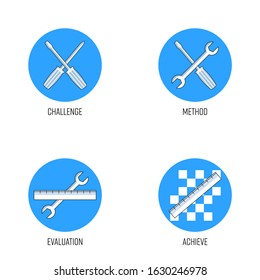 Management icon set. Mechanic tools gimmick. Vector illustration outline flat design style.