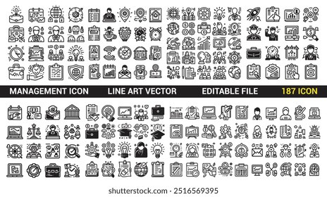 Conjunto de ícones de gerenciamento. Pacote de ícones de arte de linha simples e Traço editável. Ilustração vetorial