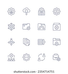 Symbol für Verwaltung gesetzt. Dünne Linie Symbol. Bearbeitbarer Strich. Enthält Führer, Schlüssel, Idee, hr, Getriebe, Ordner, Entscheidungsfindung, Daten, Datenspeicherung, Datenmanagement, Zusammenarbeit, Codierung, Veränderung, Business.