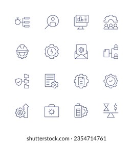 Conjunto de iconos de administración. Icono de línea delgada. Trazo editable. Conteniendo jerarquía, búsqueda de cabezales, análisis, equipo, ingeniería, energía, correo electrónico, documentos, administración de datos, gestión de contenido, cumplimiento.