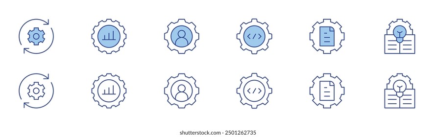 Management icon set in two styles, Duotone and Thin Line style. Editable stroke. coding, content management, solutions, program, user, idea.