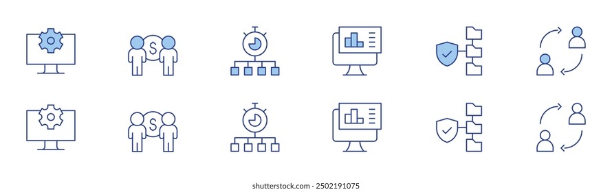 Management icon set in two styles, Duotone and Thin Line style. Editable stroke. system, analysis, people, time management, data management, change.