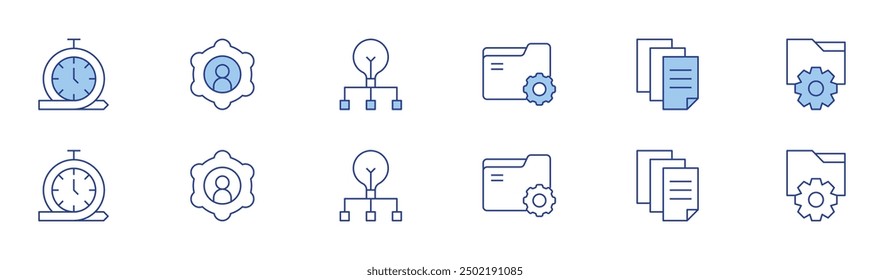 Management icon set in two styles, Duotone and Thin Line style. Editable stroke. time management, folder, data, gear, settings, project management.